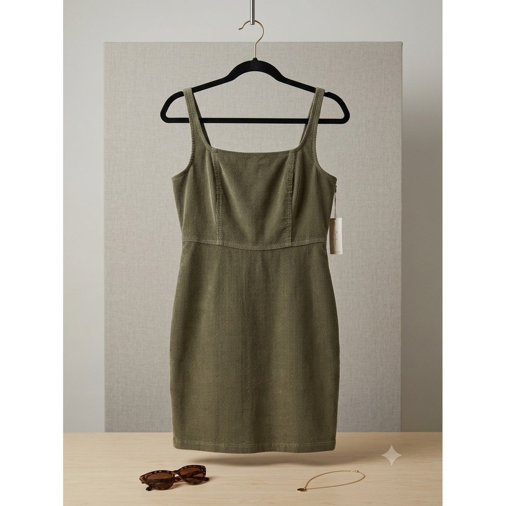 Hollister Olive Green Corduroy Mini Dress Square Neck Sleeveless Pinafore Sz M
